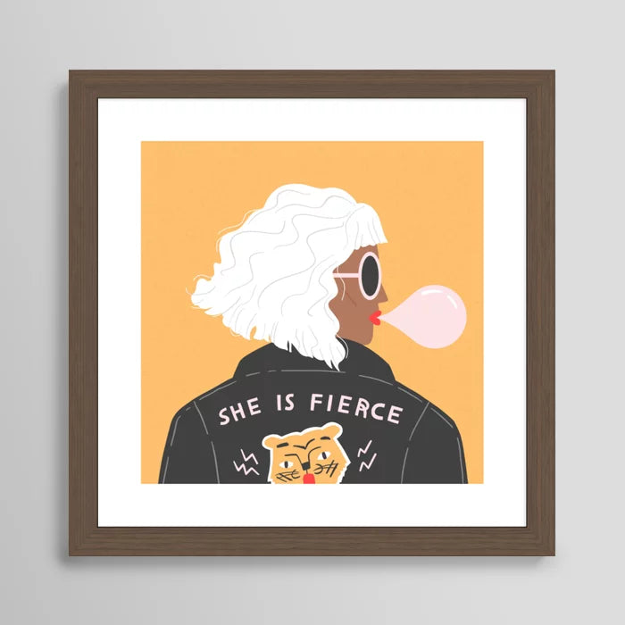 She Is Fierce Art Print by Charly Clements in a dark walnut frame, combining earthy tones and elegant design for sophisticated wall décor in any room.