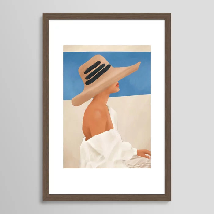 Summer Hat Art Print by City Art in walnut wood frame with smooth grain texture, combining warm natural tones with modern minimalist design.