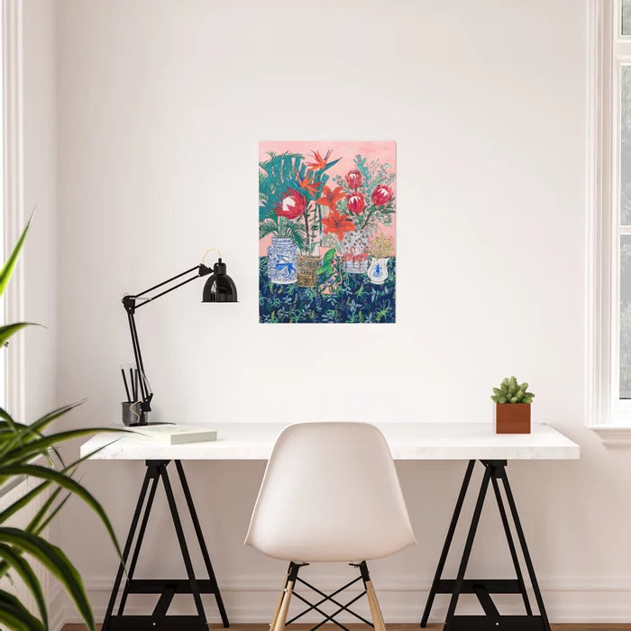 The Domesticated Jungle floral still life poster hanging on wall showcasing bold flower arrangement and vivid colors.