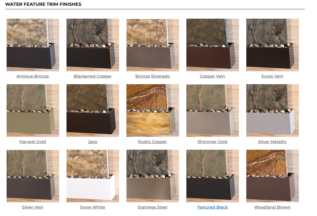 Various water feature trim finishes displayed in a grid.