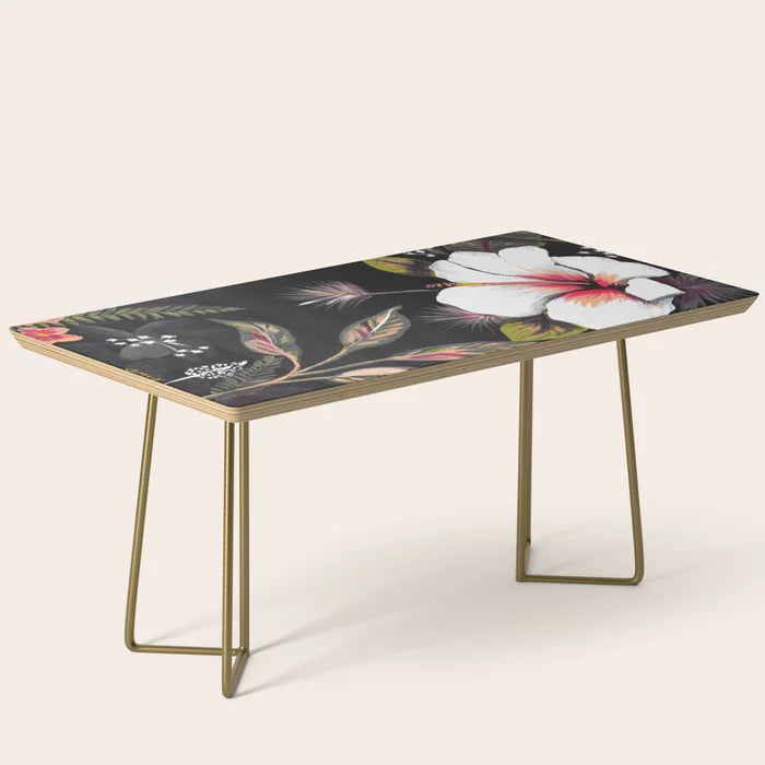 Tropical Night Coffee Table by Anis Illustration with gold steel legs – elegant tropical art design perfect for hotel lobbies, bar areas, and contemporary café spaces