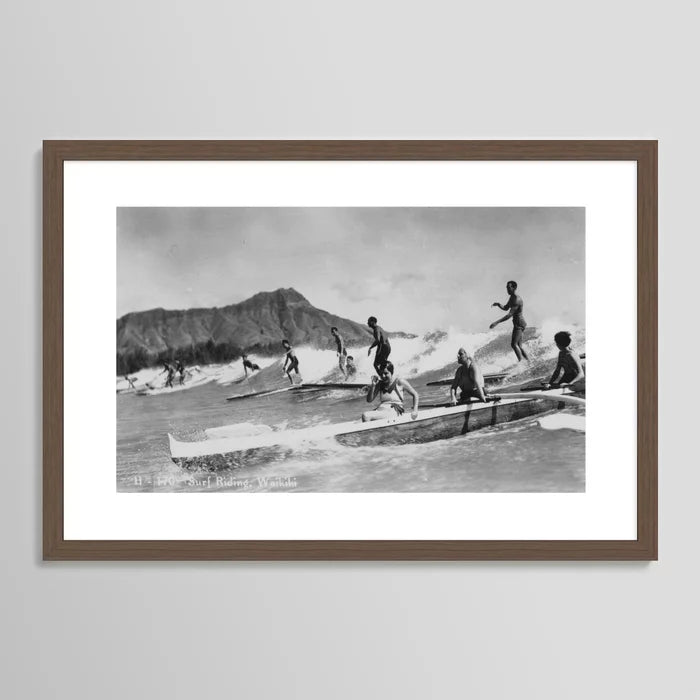 Vintage Surfing Hawaii art print framed in dark walnut wood – nostalgic beach wall art by Vintage Surf Photos Smudge Print Shop