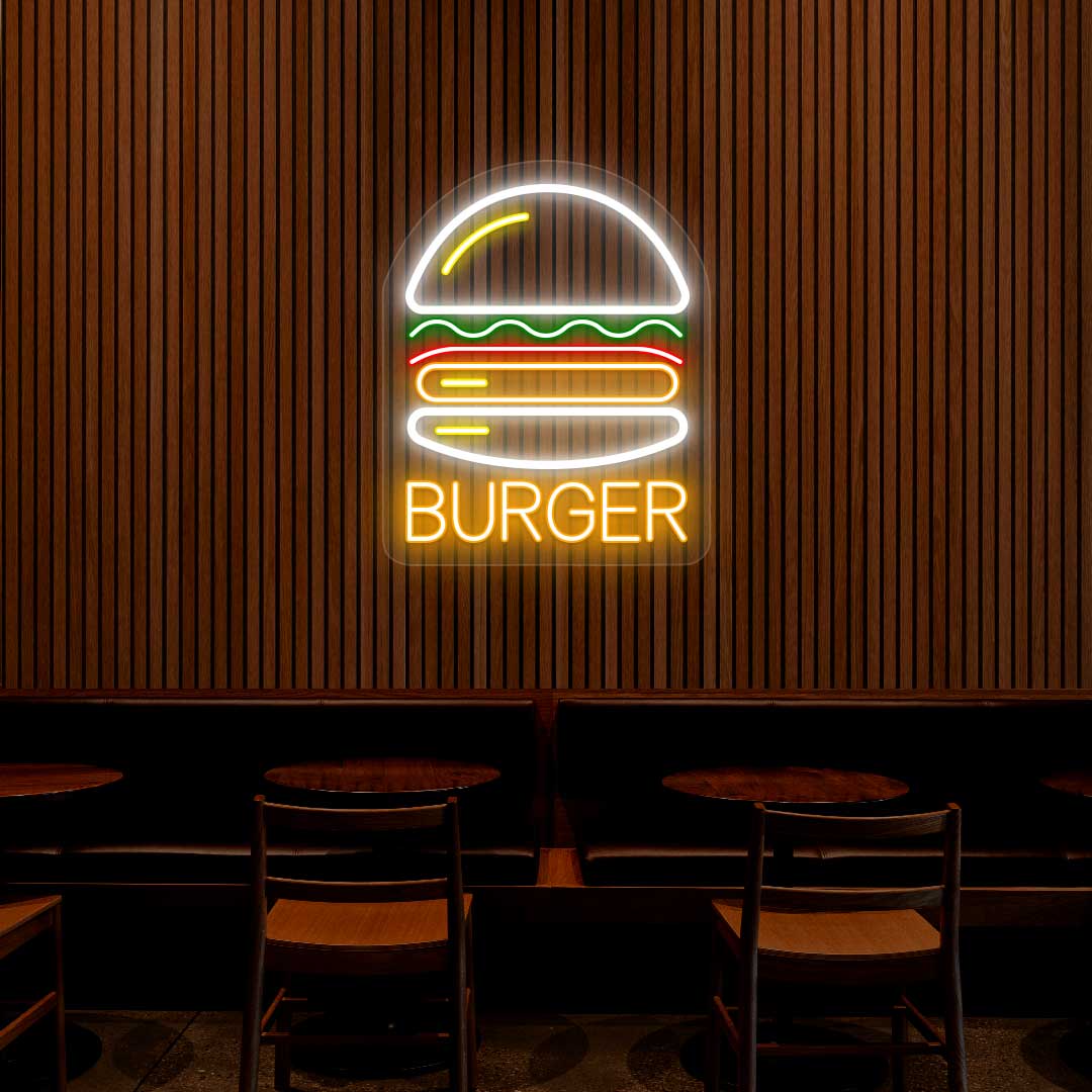 multicolor burger neon sign mounted on wall for bar or fast-food décor