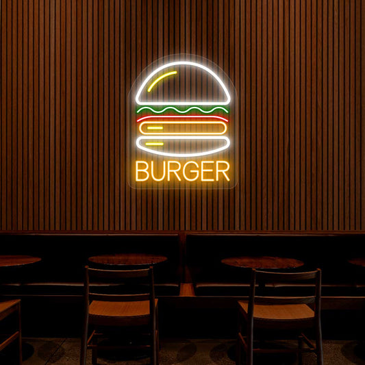 multicolor burger neon sign mounted on wall for bar or fast-food décor