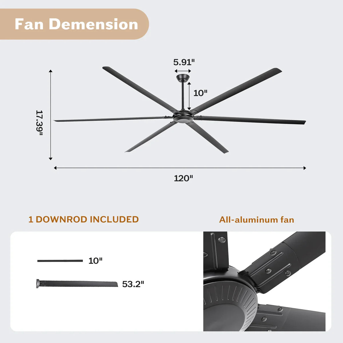 Matte black HVLS ceiling fan with 120-inch blade span delivering powerful airflow for large interiors