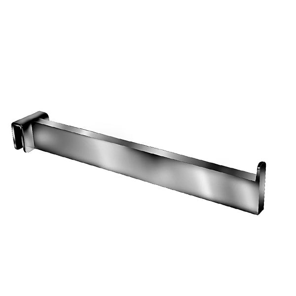 12-inch rectangular tubing faceout in a raw steel finish, featuring the saddle-style bracket and straight display arm for retail clothing presentation.