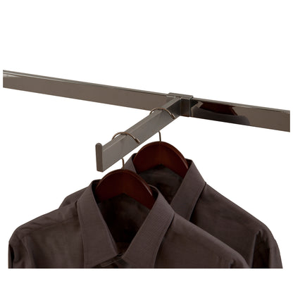 12-inch rectangular tubing faceout in a satin chrome finish, showing the smooth display arm and saddle bracket used for face-forward apparel merchandising.
