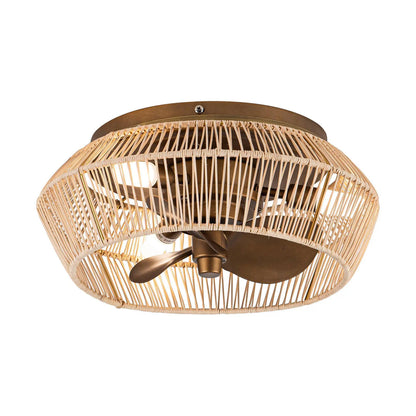 14-inch farmhouse ceiling fan with rattan cage shade and LED lighting for cafés and bars