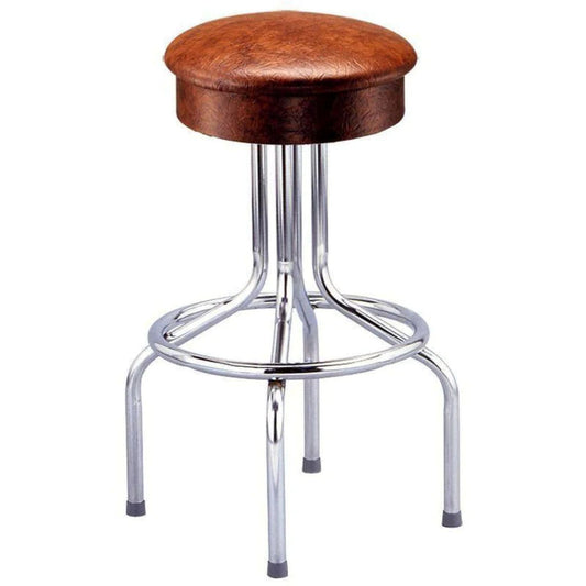 Backless swivel bar stool with upholstered round seat and welded steel base
