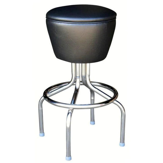 Backless drum-seat bar stool with padded round seat and long-neck steel frame