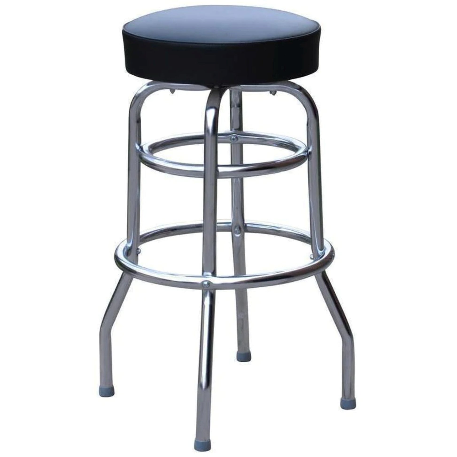 Retro double-ring swivel bar stool with black vinyl seat and chrome frame