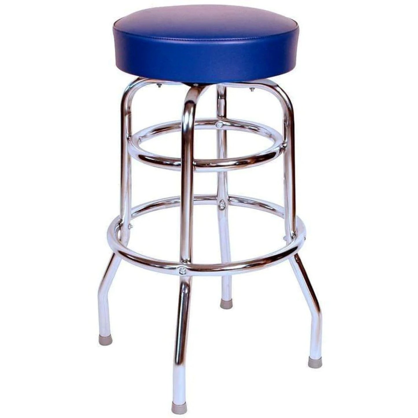 Vintage blue vinyl bar stool with padded round seat and metal base