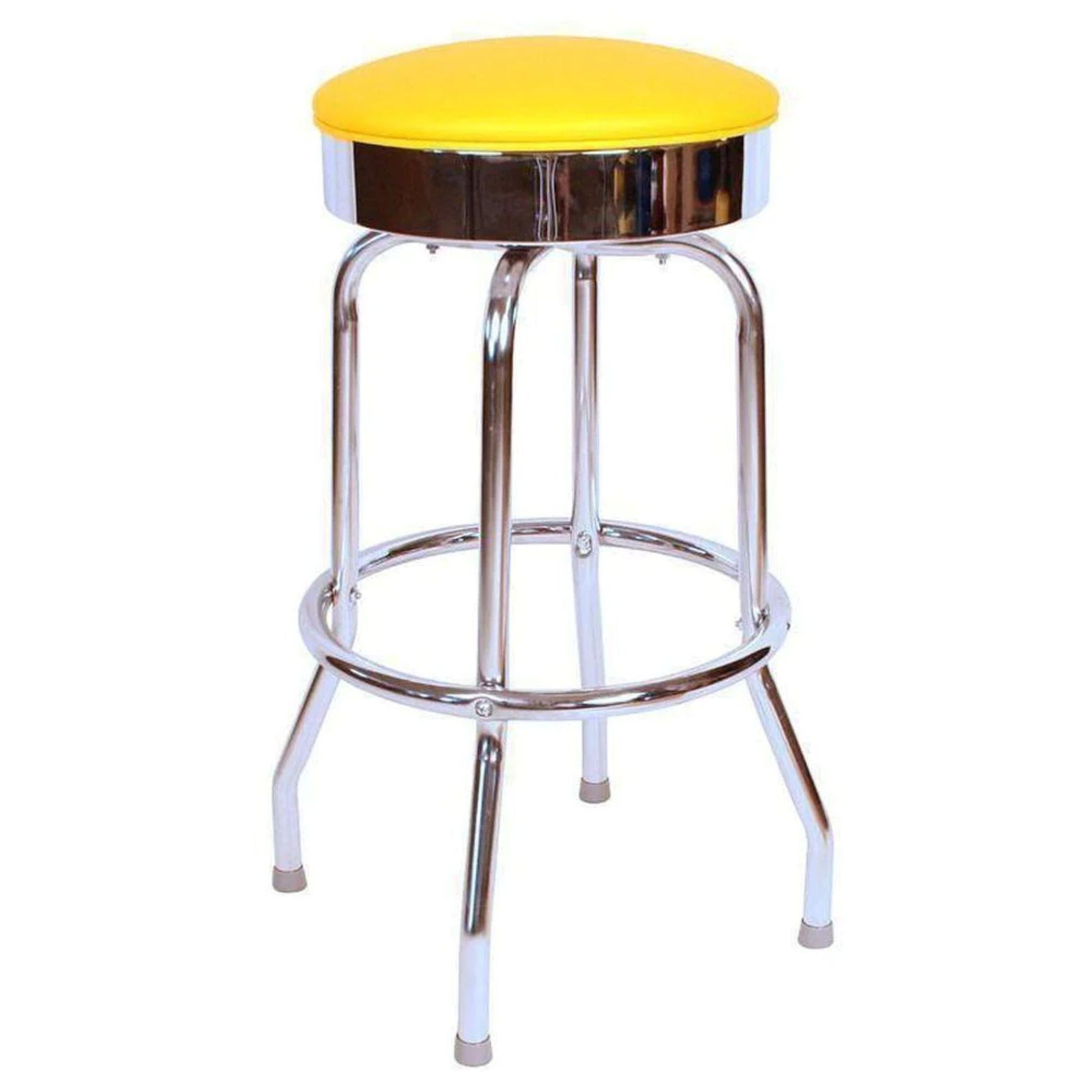 Retro 1950s swivel bar stool with chrome flat pan and upholstered round seat