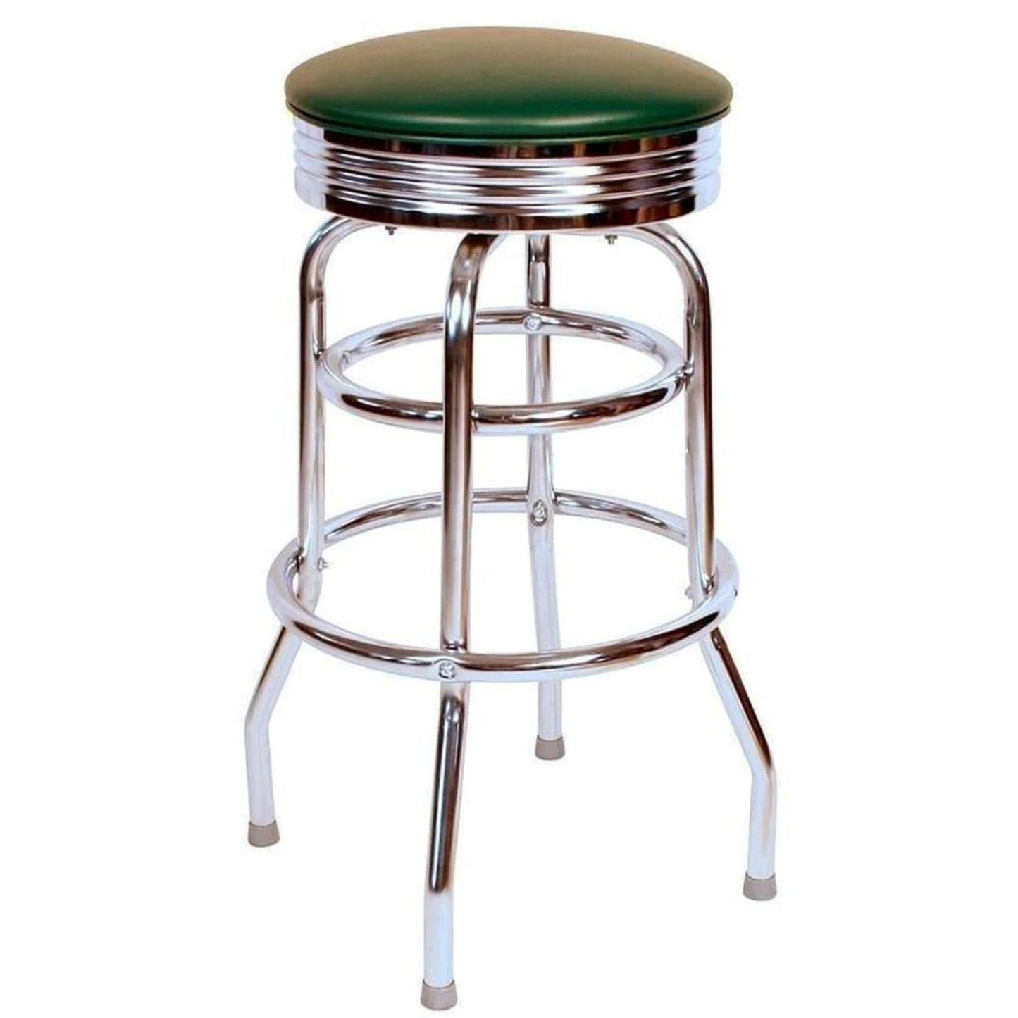 Retro chrome double-ring swivel bar stool with green vinyl seat
