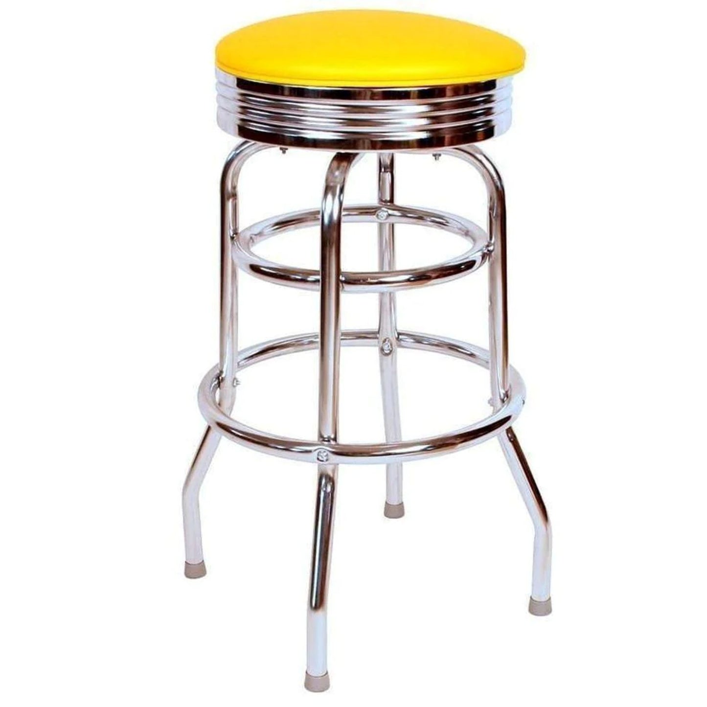 Retro chrome double-ring swivel bar stool with yellow vinyl seat and piping trim
