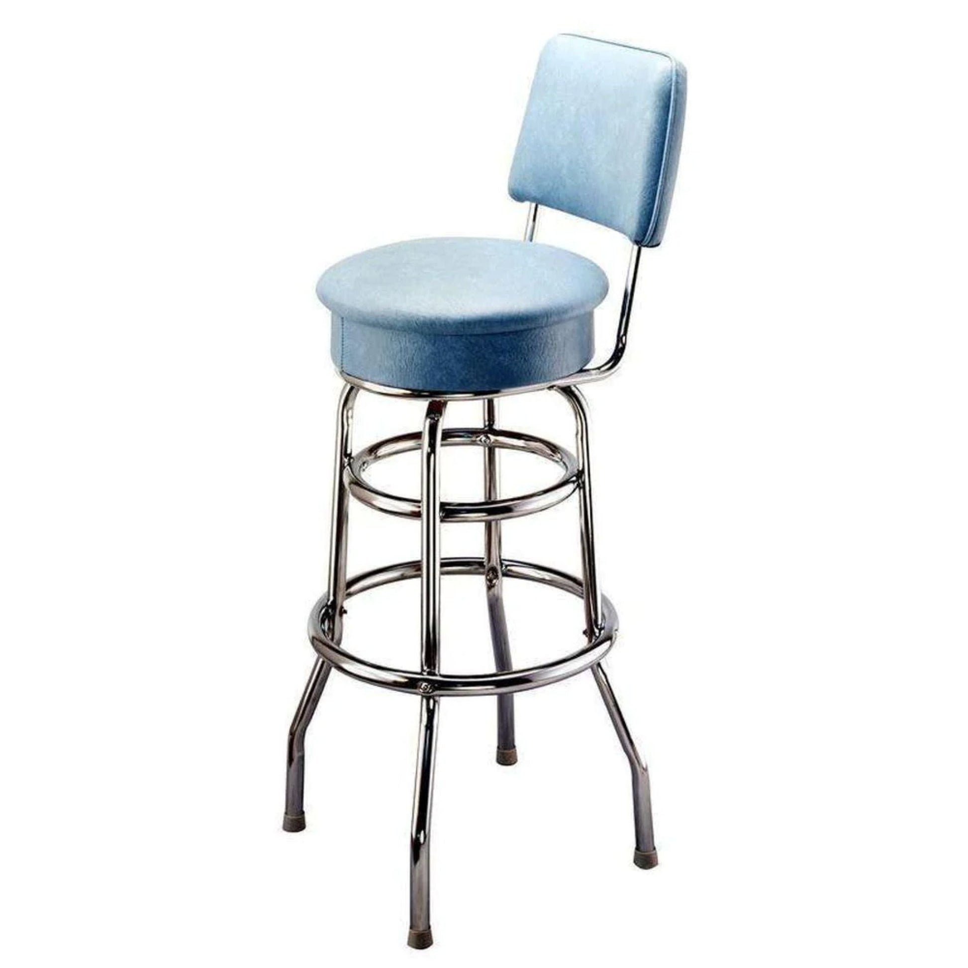 Mushroom-seat swivel bar stool with upholstered back and chrome double-ring base