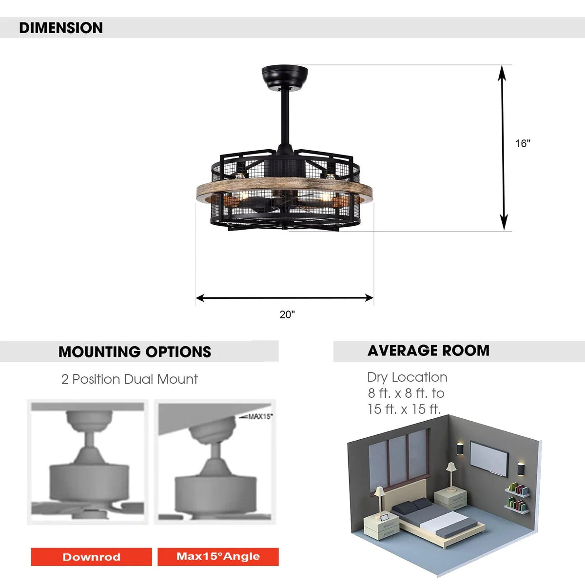 20-inch industrial Fandelier ceiling fan with lattice cage design and four-light fixture for modern interiors with mounting dimensions
