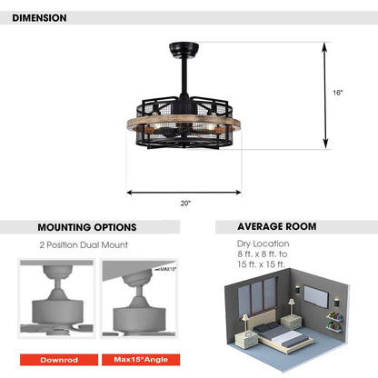 20-inch industrial Fandelier ceiling fan with lattice cage design and four-light fixture for modern interiors with mounting dimensions