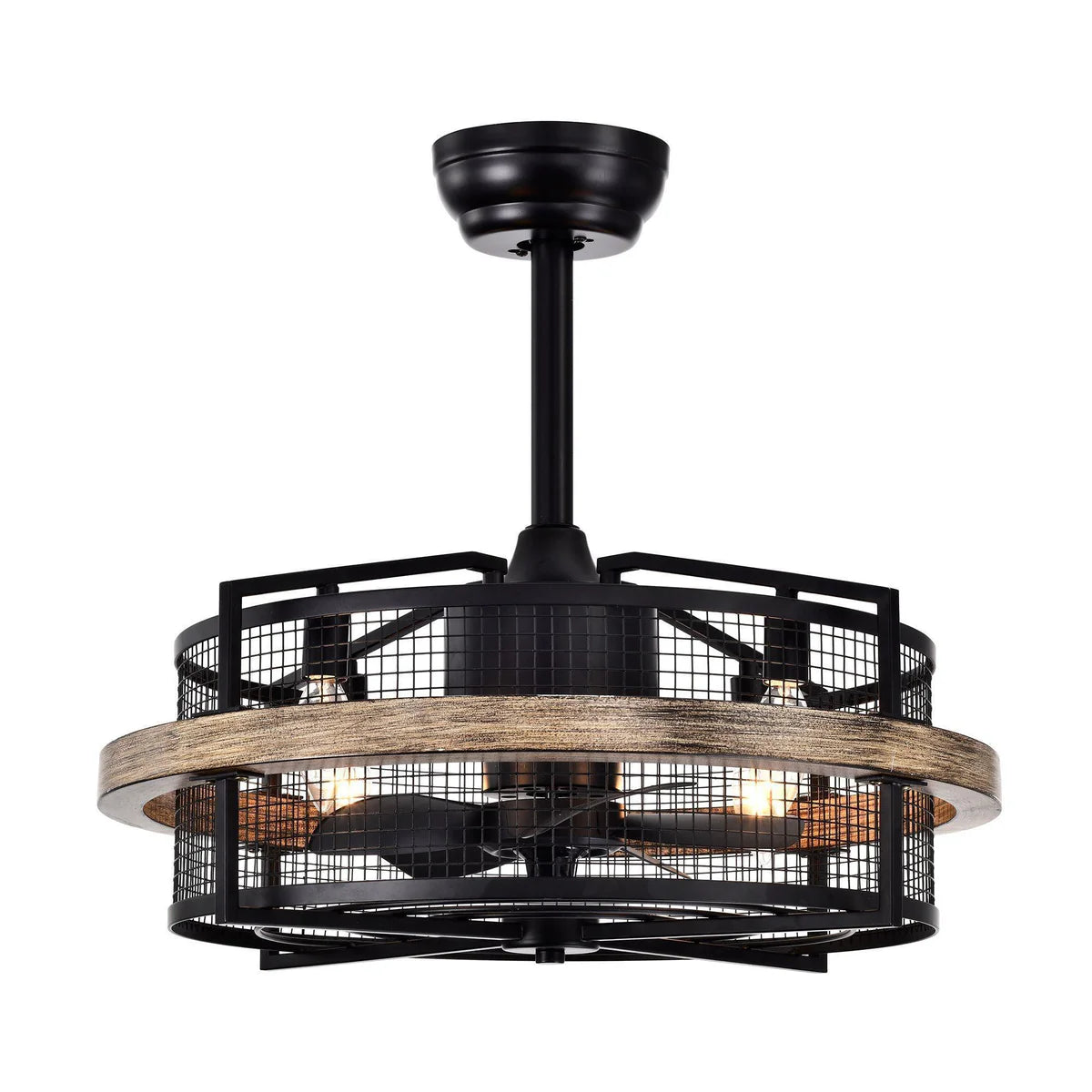 Rustic distressed faux wood ceiling fan with lighting and remote control for cafés or dining rooms