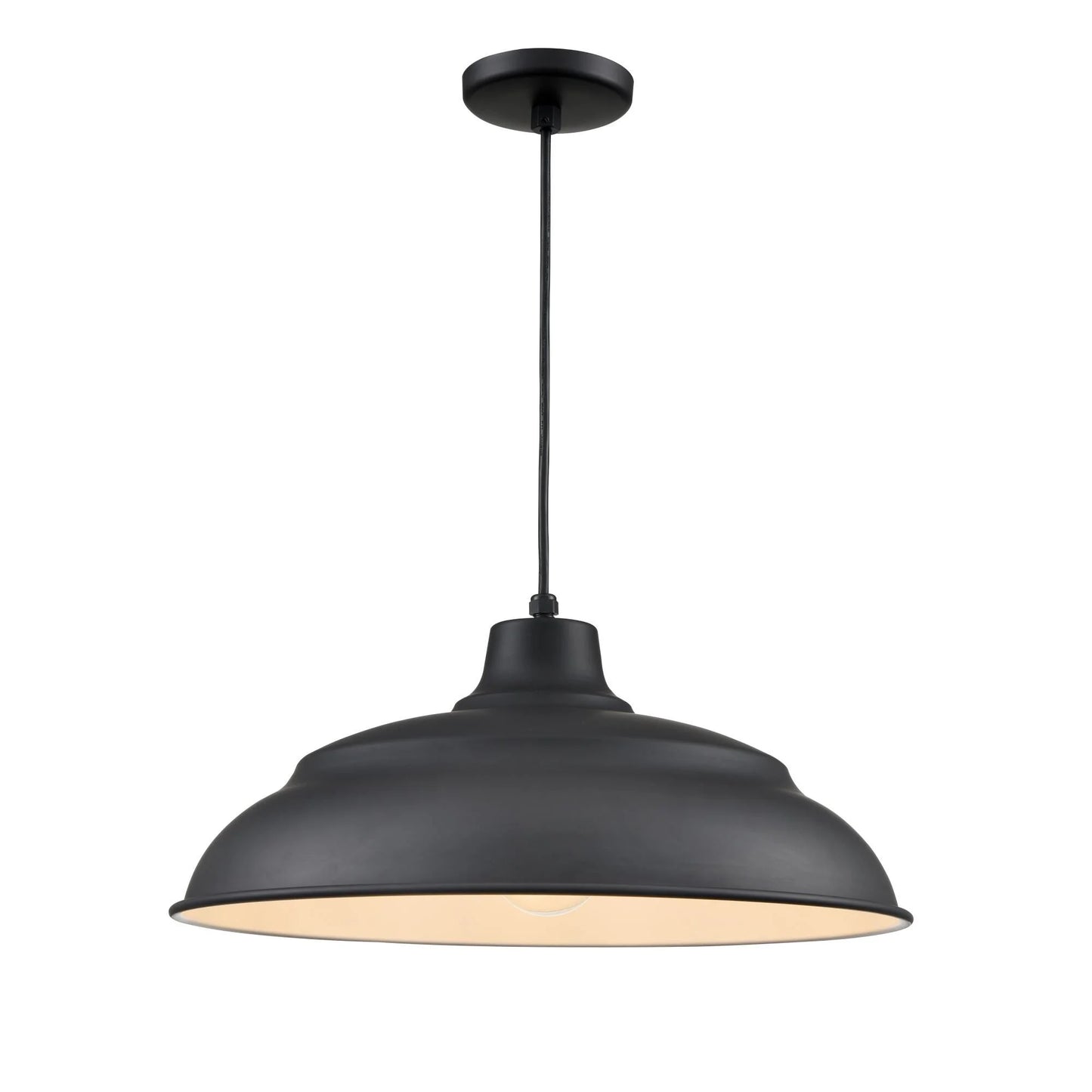 Large black industrial pendant lamp with wide aluminum shade, designed for vintage-style lighting in restaurants and bars.