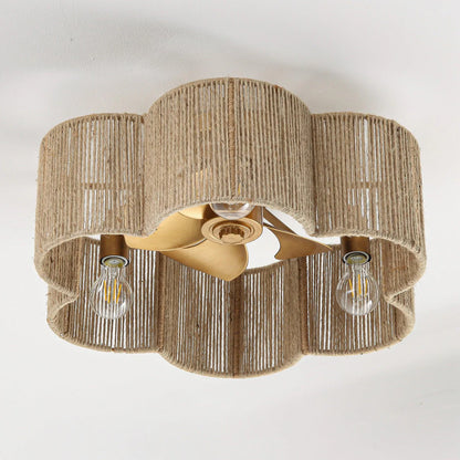 Flush-mount rattan ceiling fan with antique gold finish and LED light for cafés and bedrooms
