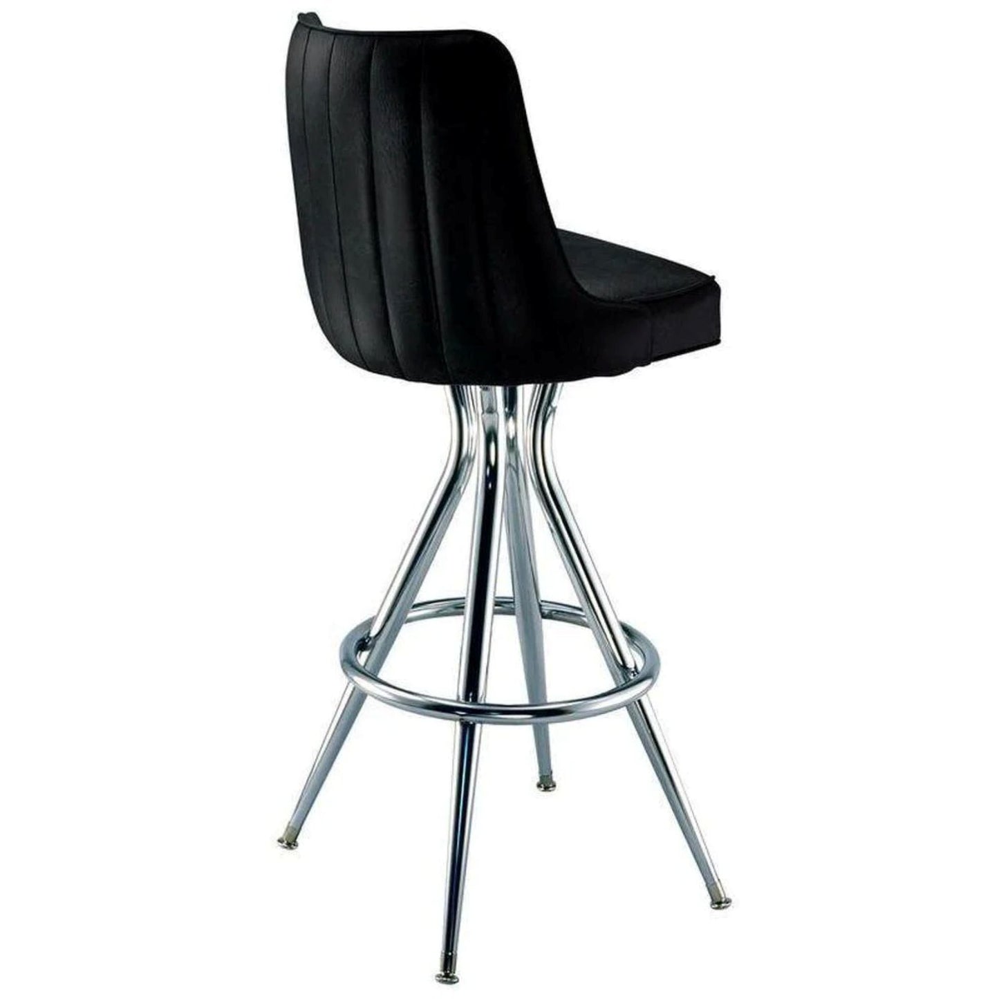 Upholstered vinyl bucket bar lounger with 360-degree swivel and welded steel pyramid base