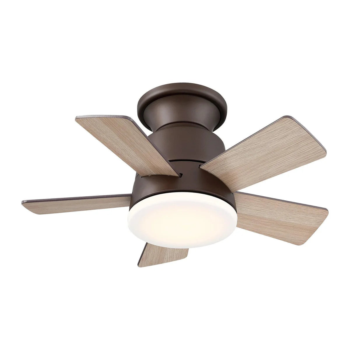 Bronze farmhouse ceiling fan with reversible wood blades and LED lighting for restaurants and bars