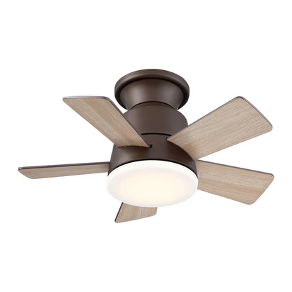 Bronze farmhouse ceiling fan with reversible wood blades and LED lighting for restaurants and bars