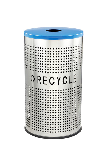 26 gallon perforated stainless steel recycle bin with blue lid indoor outdoor commercial recycling receptacle modern ventilated design