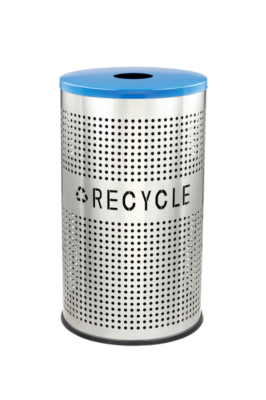 26 gallon perforated stainless steel recycle bin with blue lid indoor outdoor commercial recycling receptacle modern ventilated design