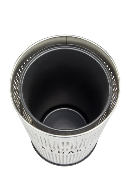 26 gallon perforated stainless steel trash can with black lid indoor outdoor commercial waste receptacle modern ventilated design interior view.