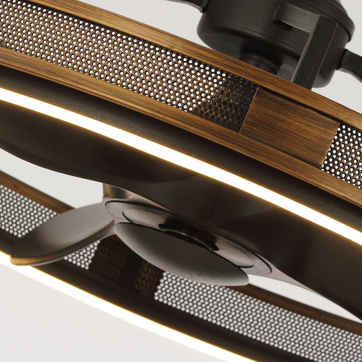 Compact brown and black ceiling fan with reversible blades and six-speed control
