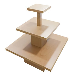 Front view of a three-tier square maple display table made from real maple veneer and solid maple trim, designed for multi-level retail merchandising.