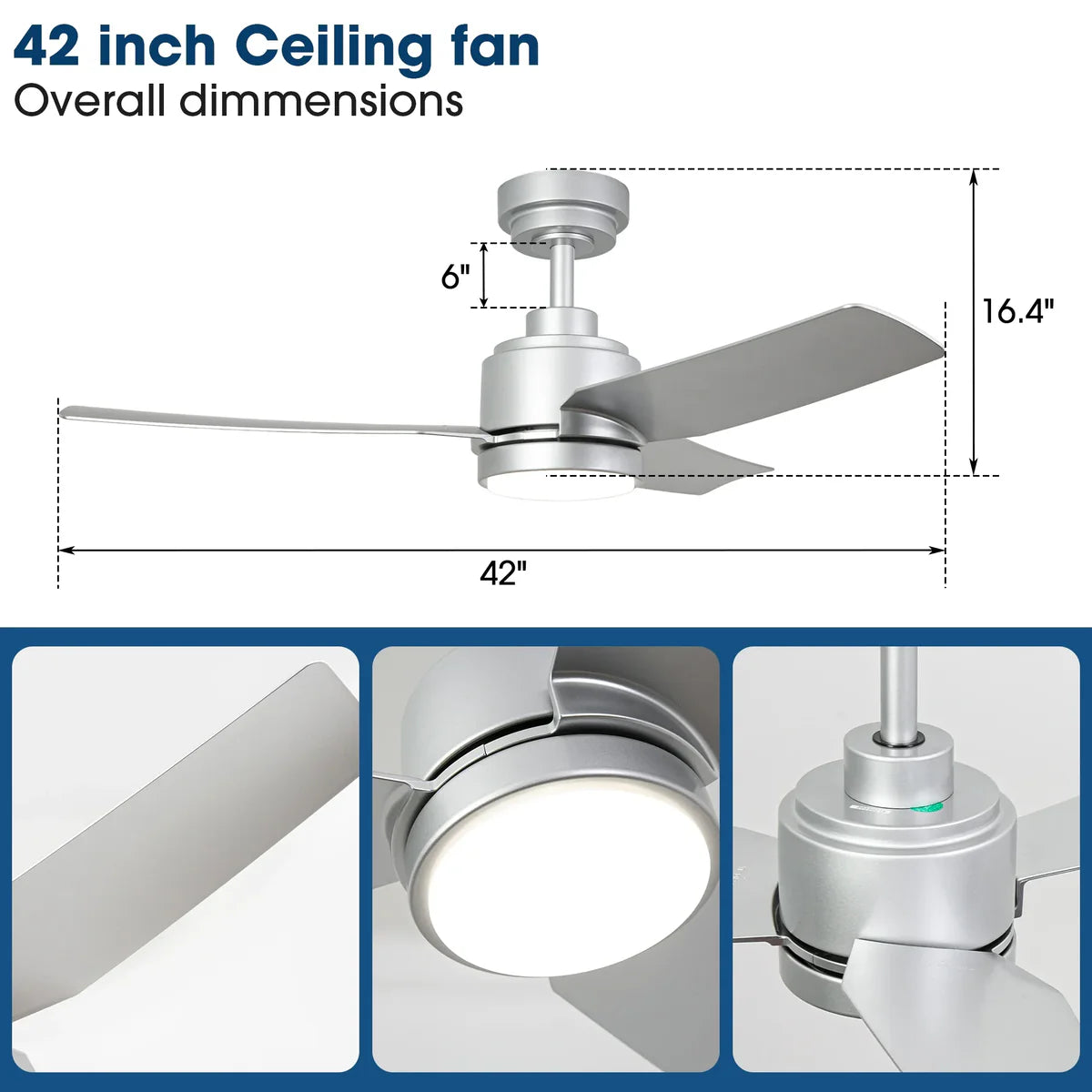 Ceiling fan with dimensions and close-up details on a white background