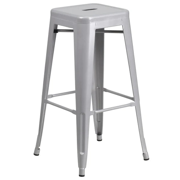 Silver industrial barstool with drain hole and protective floor glides