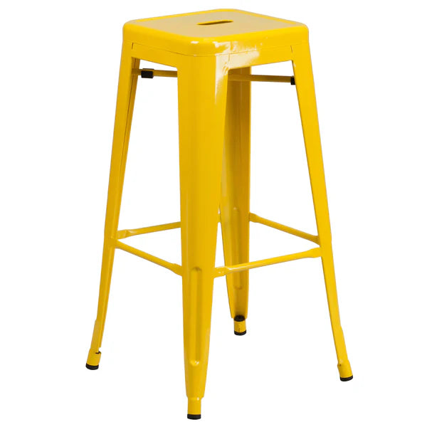 Yellow industrial steel barstool with drain hole and stackable design
