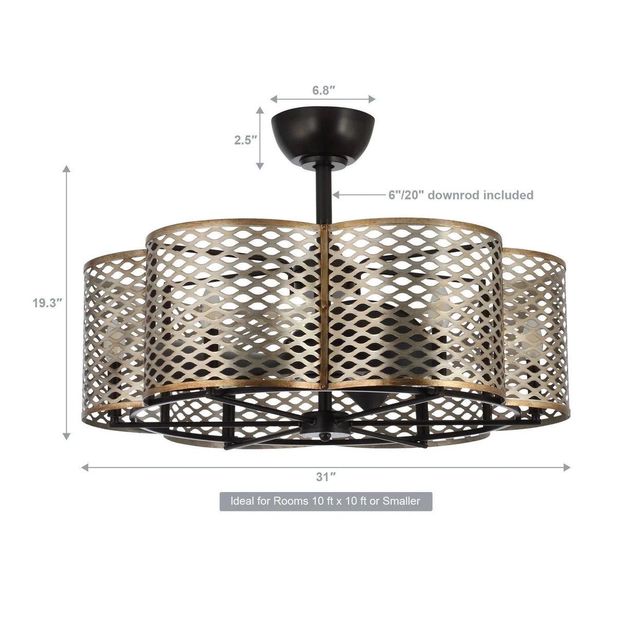 Oil-rubbed bronze ceiling fan with reversible black blades and dimmable lighting with mounting dimensions