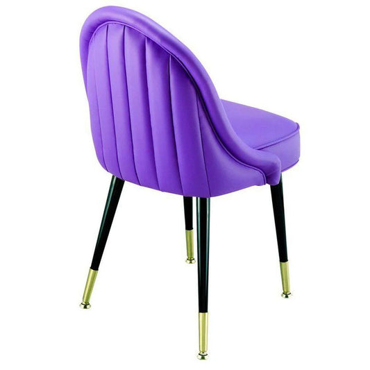 3555 bucket seat dining chair with black welded steel frame and brass ferrule base, featuring a retro vertical channel back and padded waterfall box seat. Custom vinyl upholstery available in hundreds of colors. Made in the USA for restaurants, bars, and hospitality spaces.
