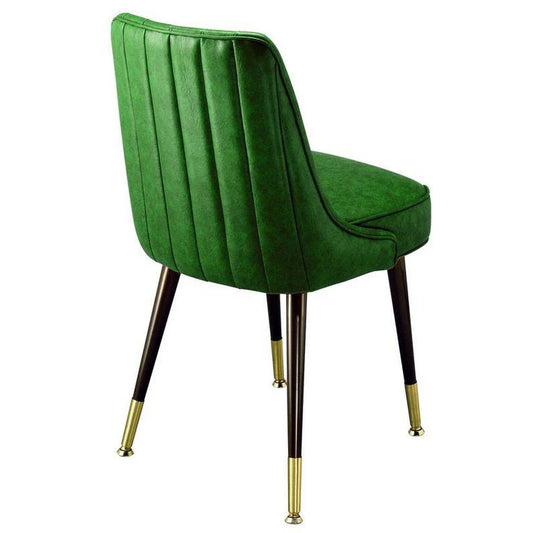 3570 club chair with black industrial-gauge steel frame and brass ferrule base, featuring a retro vertical channel back and deeply padded waterfall seat. Custom vinyl upholstery available in hundreds of styles. Made in the USA for restaurants and hospitality interiors.