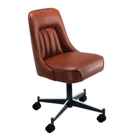 3622 bucket seat roller chair with chrome 5-spoke swivel pedestal base, cream vinyl upholstery, and vertical channeled back with rolled edges. Features twin-wheel casters for smooth rolling and padded waterfall seat. Made in the USA.