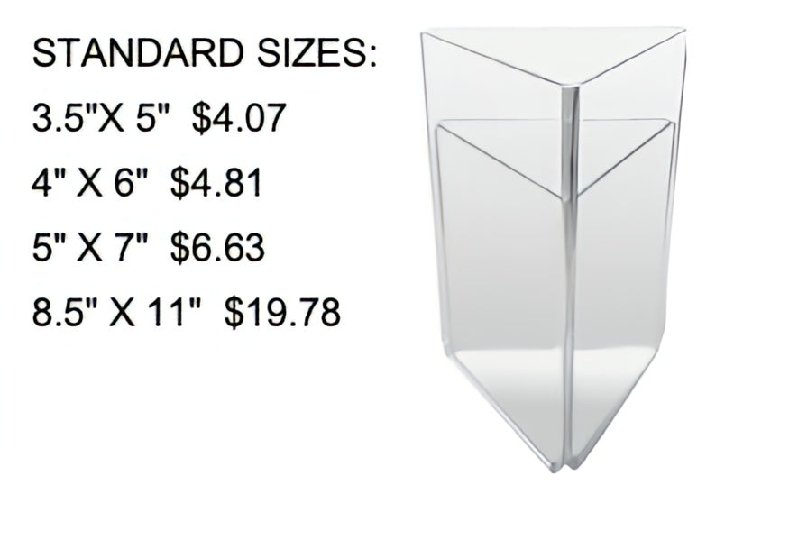 Clear plastic photo frames with pricing on a white background