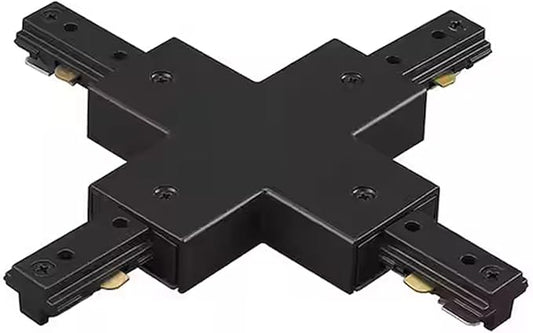 4-way X connector for single-circuit track lighting in a black finish, showing the cross-shaped ports used to connect four track sections.