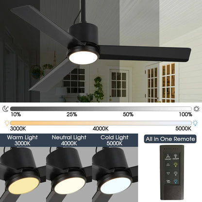 IP65-rated ceiling fan with remote control and adjustable LED lighting for cafés and restaurants