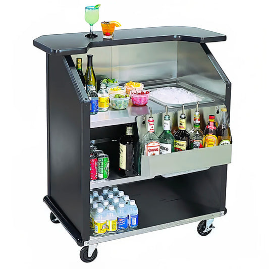 HD, 43"W , Cherry finished portable mobile bar is made of durable, rust resistant, stainless steel. The exterior is a black laminate. This is a heavy duty, commercial grade, product that works well in a restaurant, bar or event space. We like it because it's compact but well engineered.

Other Details

40-lb. insulated ice bin with drain
7-bottle speed rail&nbsp;&nbsp;
11⁄4-in.-thick water-resistant laminate top&nbsp;&nbsp;
(4) 5-in. non-marking&nbsp; casters&nbsp;&nbsp;
Dimensions: 43 in. W x 273⁄4 in. D x