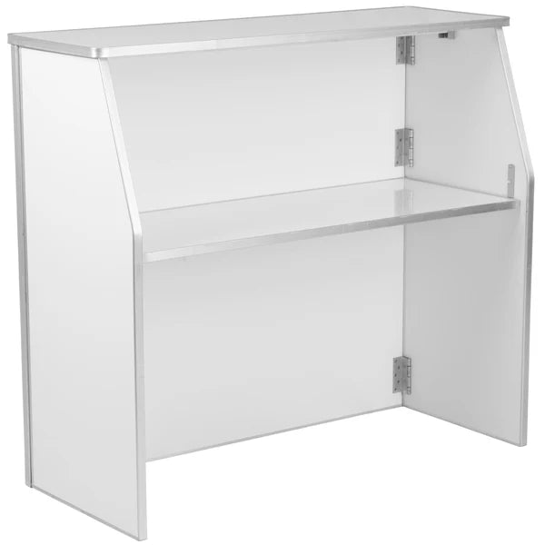 48-inch folding portable bar with white laminate finish, aluminum trim, and collapsible design.