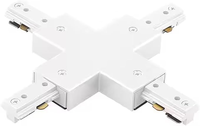 4-way X connector for single-circuit track lighting in a white finish, featuring the cross-shaped design for joining four track sections in a multi-directional layout.