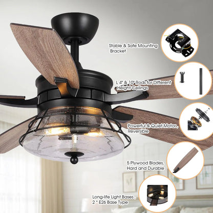 52-Inch Industrial Ceiling Fan with Lighting and Remote Control – Downrod Mount Design with Reversible Blades