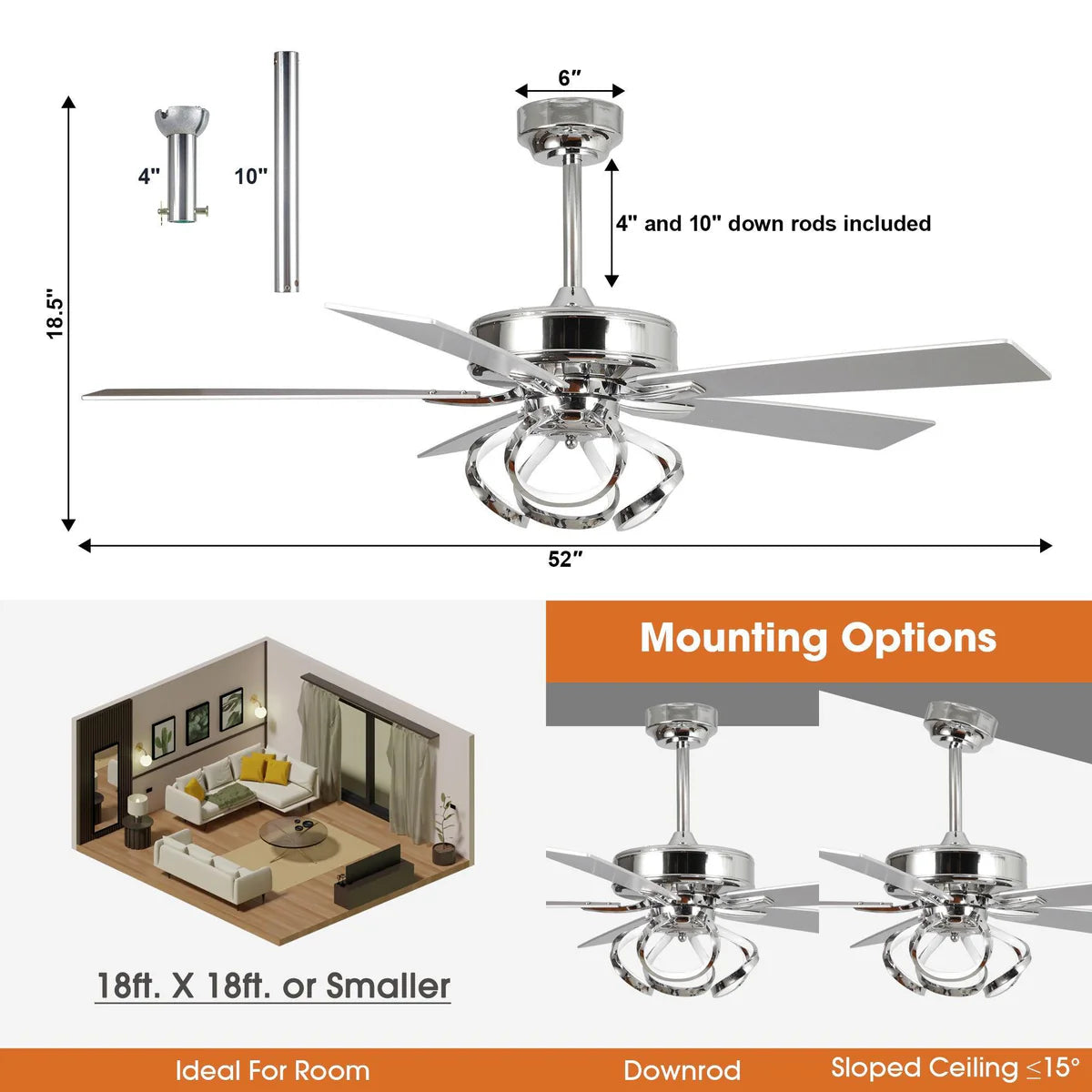 Ceiling fan with dimensions and mounting options displayed on a white background