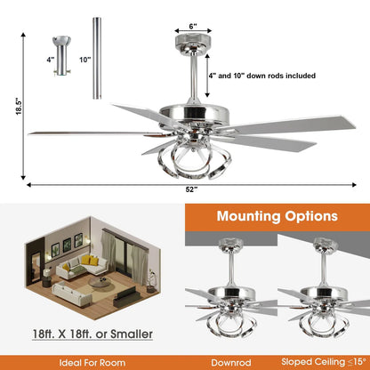 Ceiling fan with dimensions and mounting options displayed on a white background