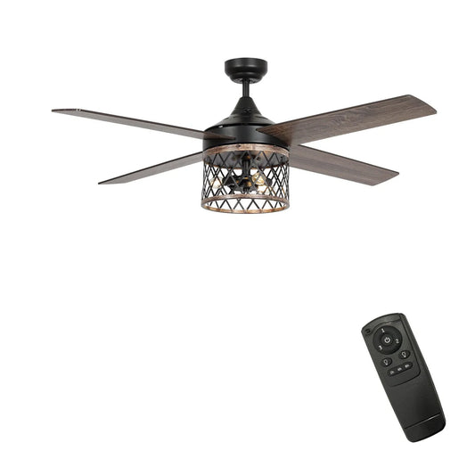 52-inch farmhouse ceiling fan with mesh cage light and remote control for restaurants and cafés